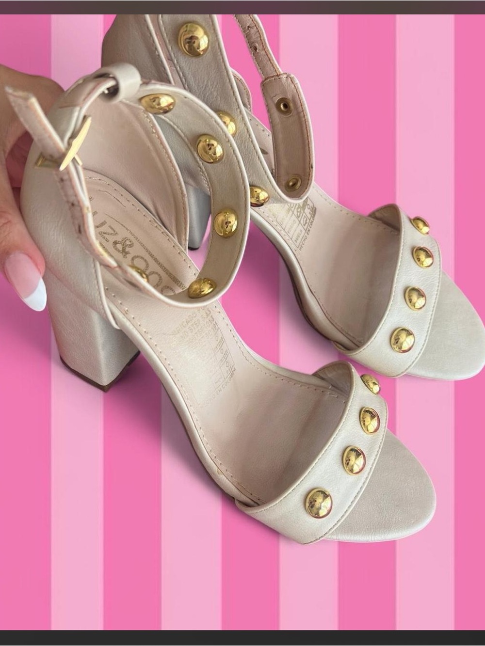 Gold-Studded Cream Block Heel Sandals with Ankle Strap